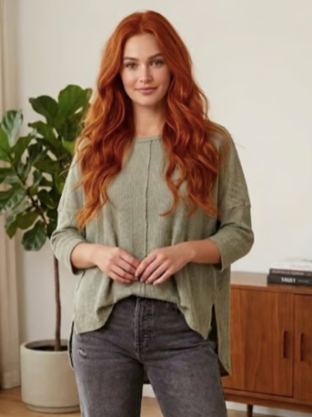 Anthropologie Oversized High-Low Waffle Crewneck Top